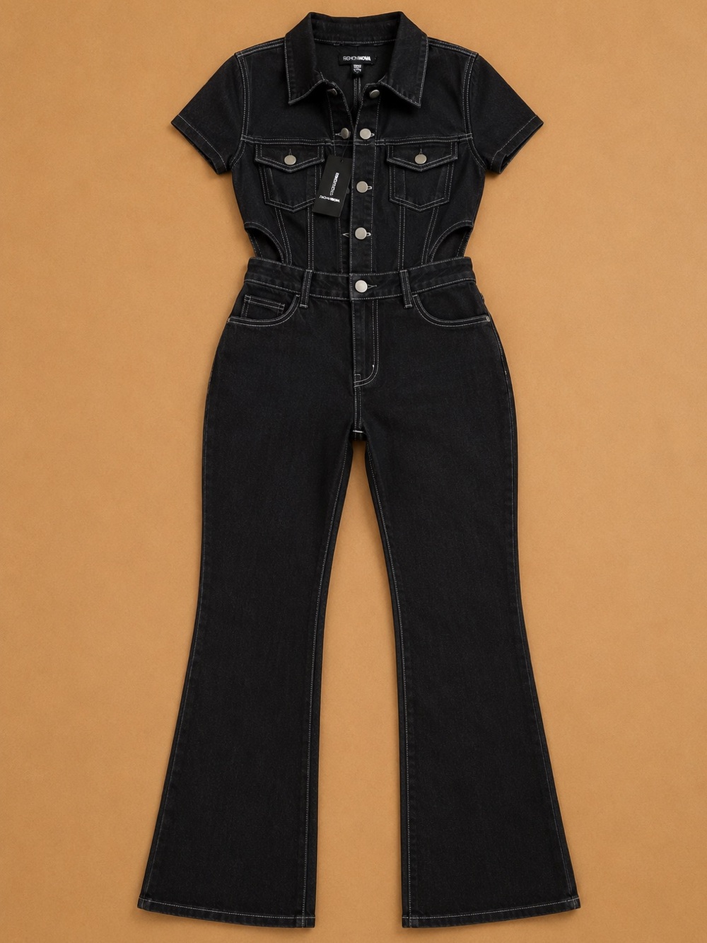 Fashion Nova Black Short-Sleeve High-Waist Flare Denim Jumpsuit